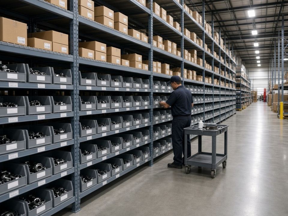 A parts warehouse with stocked shelves