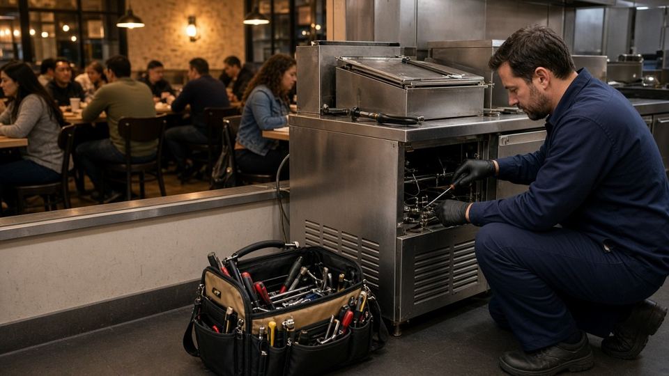 A technician repairing equipment in a busy restaurant